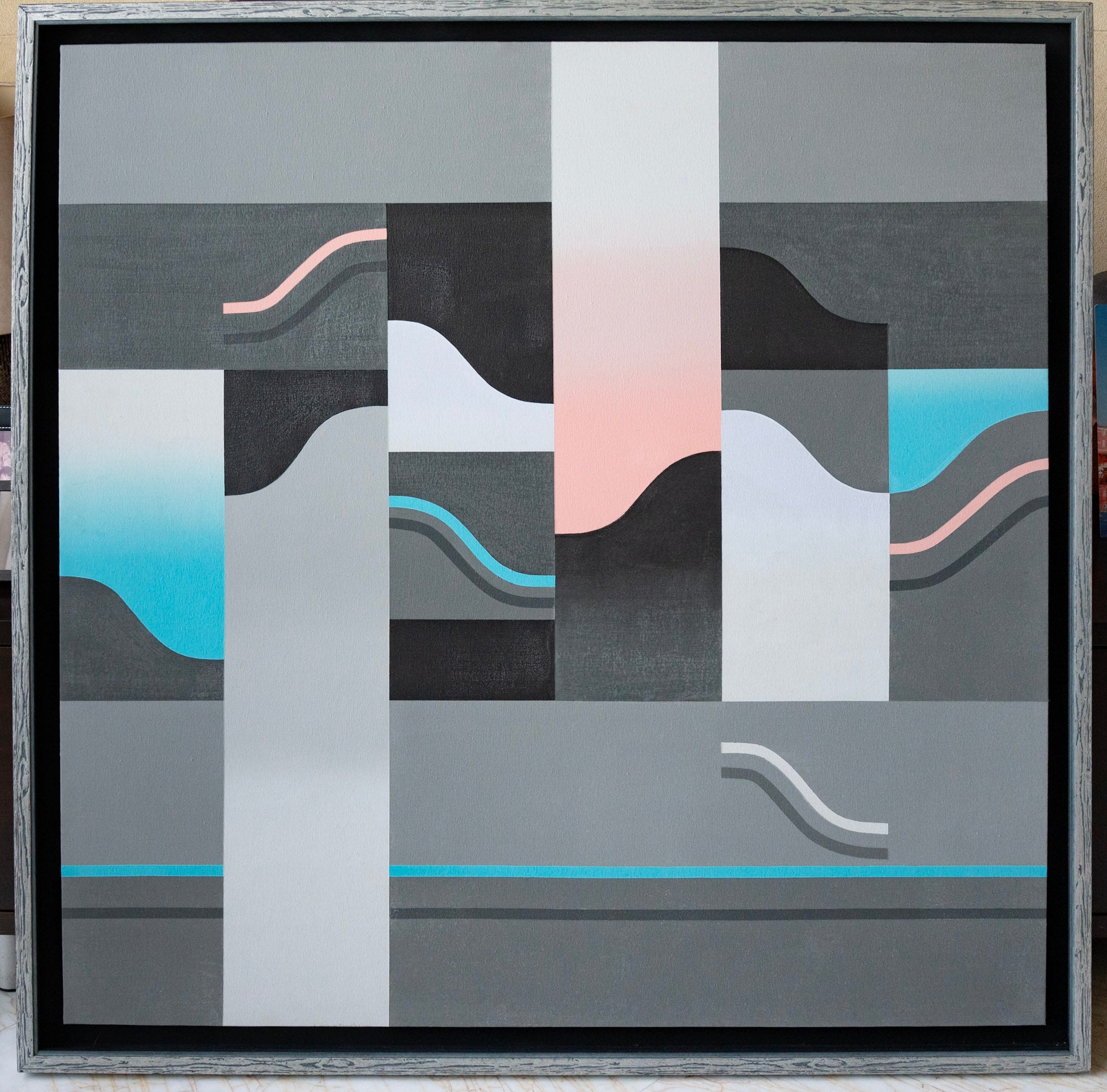 Anthony Poon, Untitled (Blue & Pink Waves on 6 Panels of Grey Squares), 1985