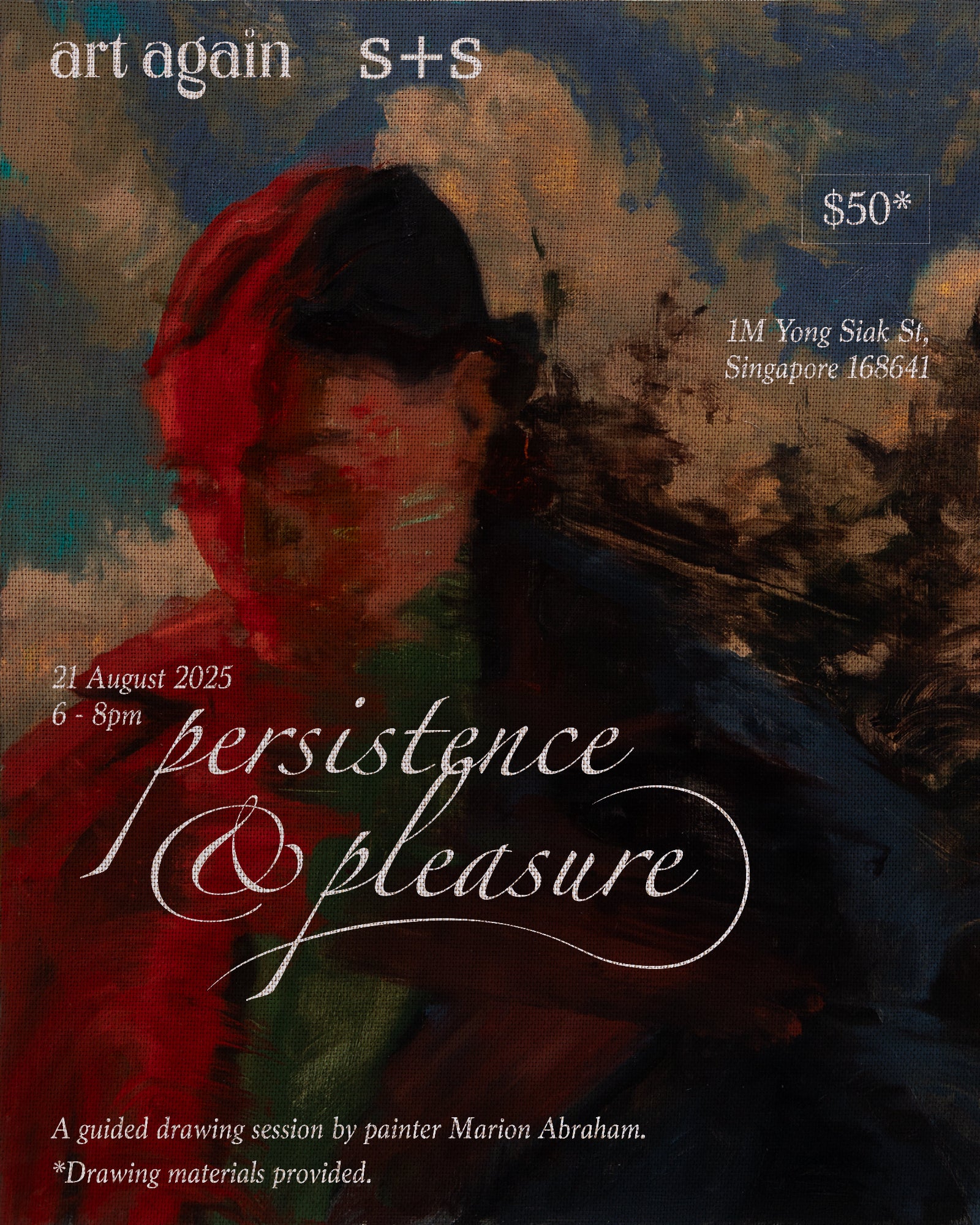 Promotional poster for an art event titled 'Persistence & Pleasure' with a stylized portrait of a woman wearing a red headscarf.