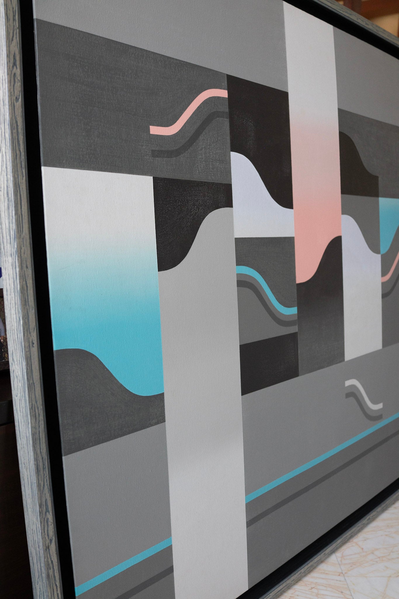 Anthony Poon, Untitled (Blue & Pink Waves on 6 Panels of Grey Squares), 1985