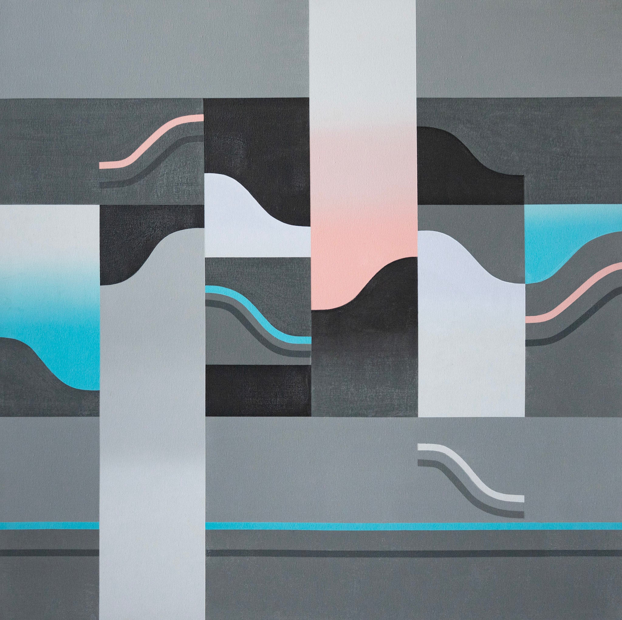 Anthony Poon, Untitled (Blue & Pink Waves on 6 Panels of Grey Squares), 1985