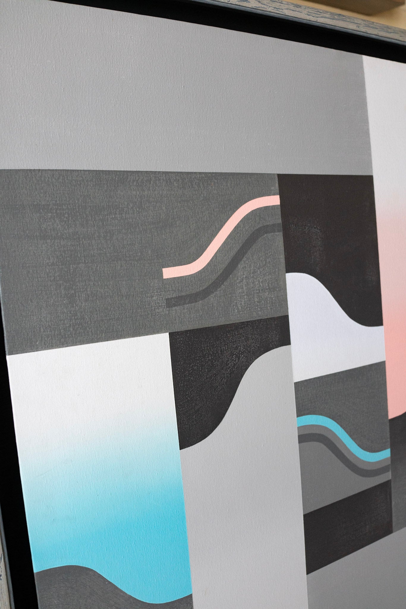 Anthony Poon, Untitled (Blue & Pink Waves on 6 Panels of Grey Squares), 1985