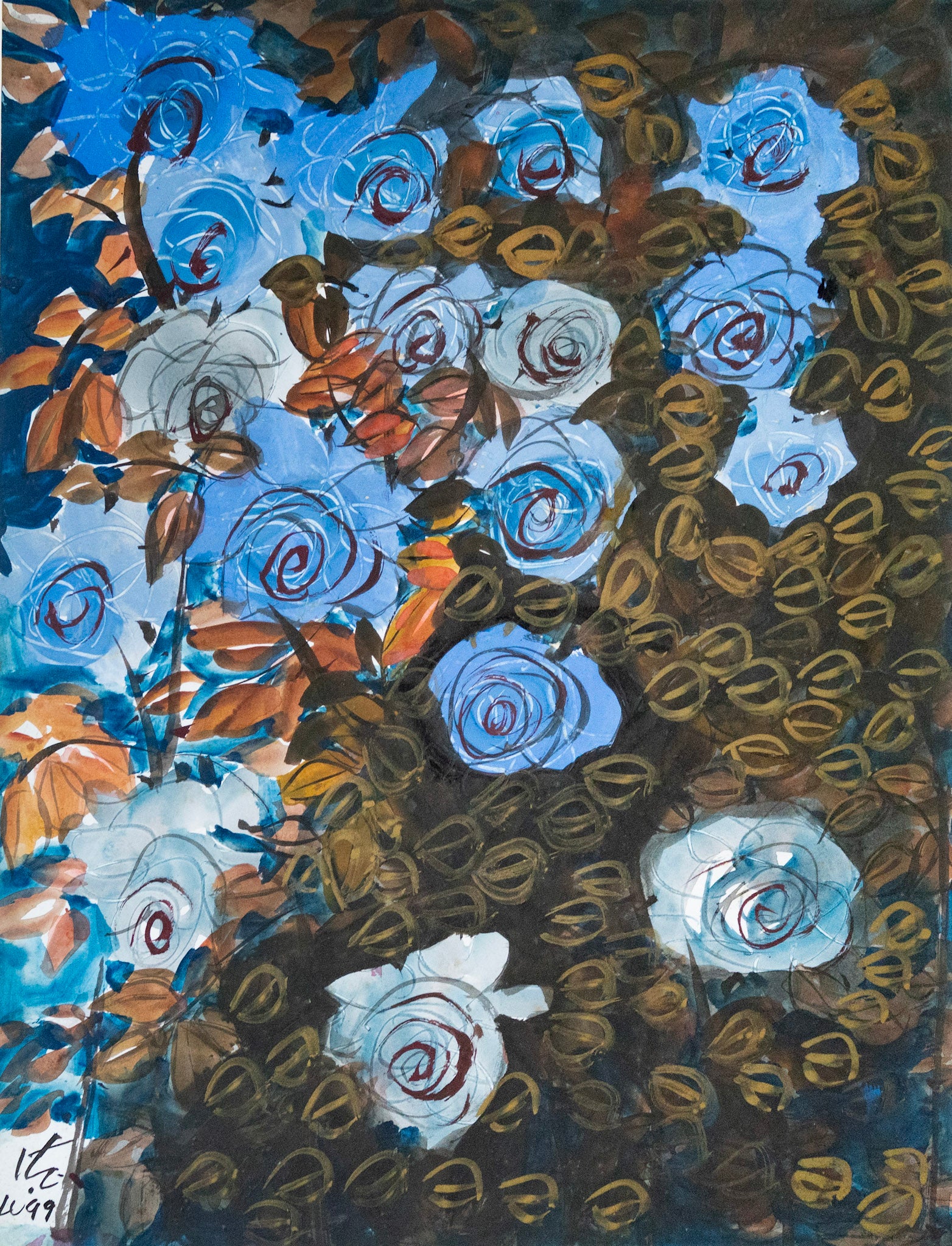 Dr. Earl Lu, Blue Roses on Black & Gold Background, 1999