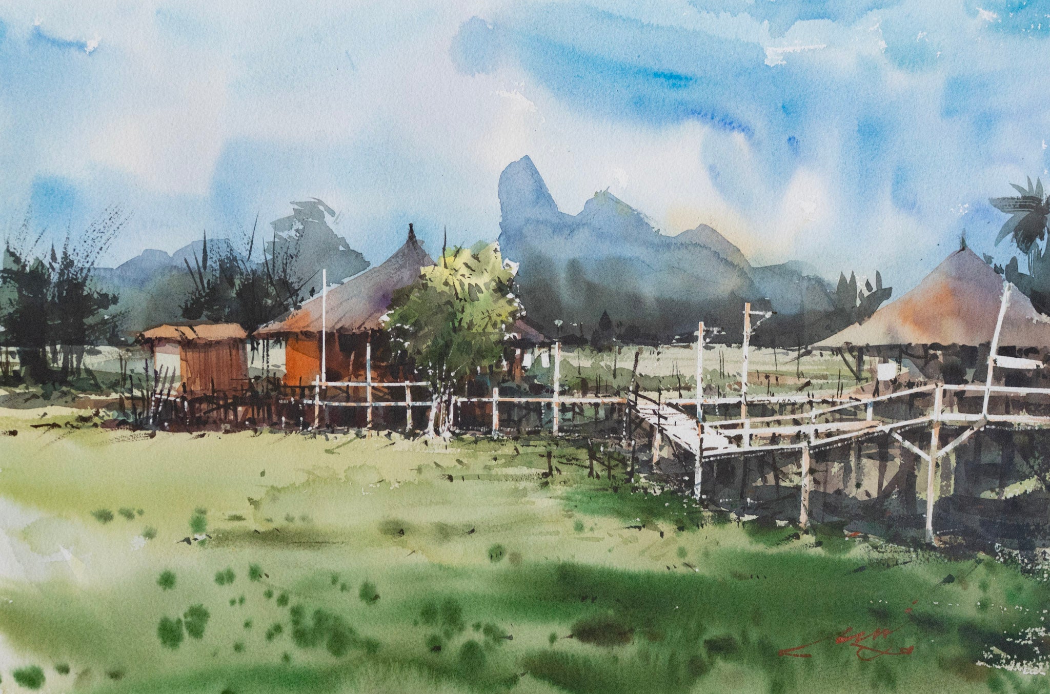 Thaworn Merurat, Untitled (Huts in the Grass), Undated